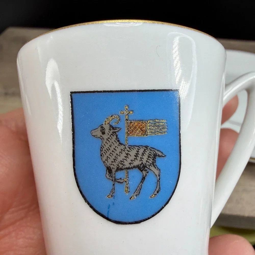 Upsala Ekeby Karlskrona Gotland Sweden‎ Demitasse Cup Saucer Skawonius Gold Trim